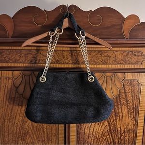 gold and black wicker paper straw shoulder bag